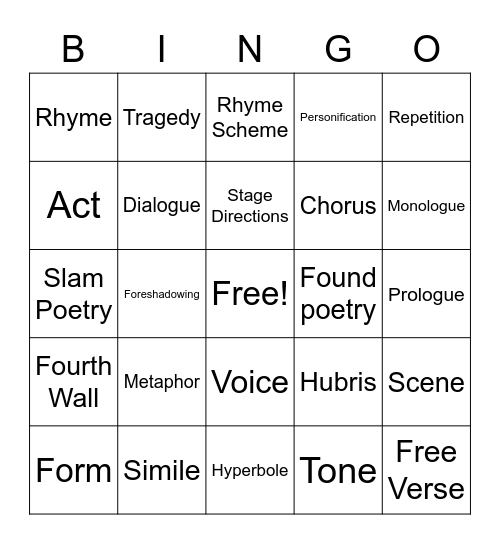 Poetry & Drama Bingo Card