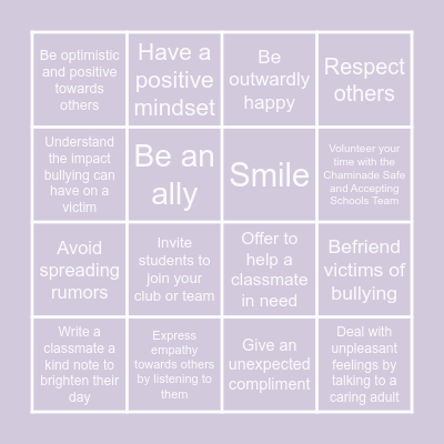 Bye Bye Bullying BINGO Card