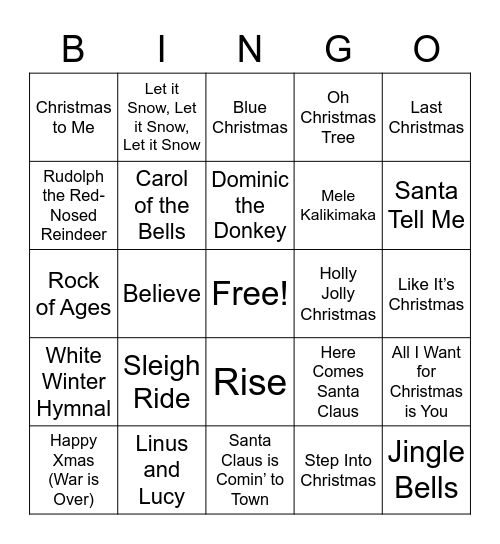 Holiday Music Bingo Card