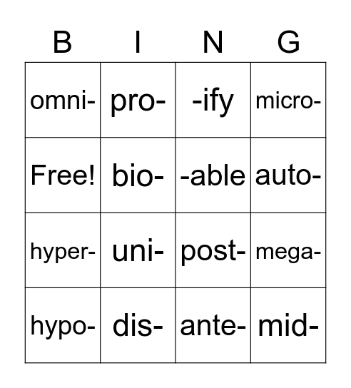 Prefix/Suffix Bingo Card