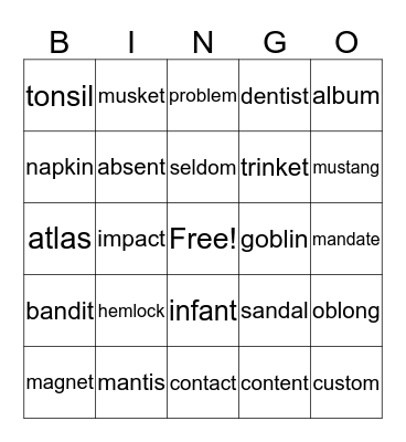 VCCV Syllable Division Bingo Card