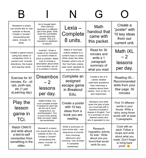 Snow Day Bingo Card