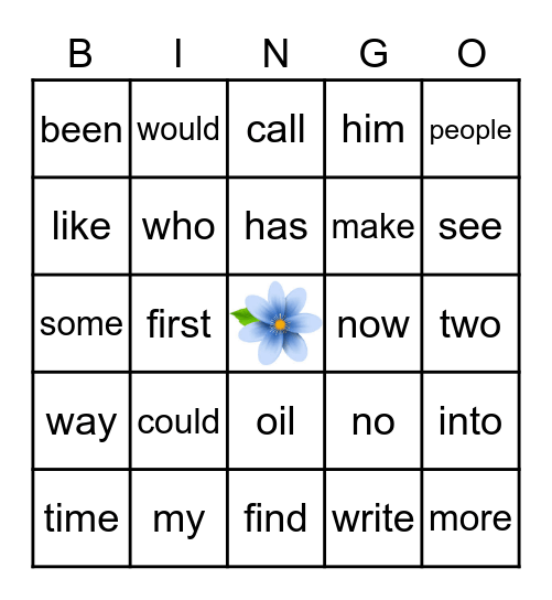 Sight Word Bingo Card