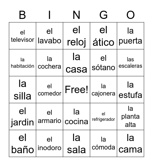 Vocaulario de un Casa II Bingo Card