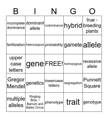 Genetics Vocabulary Terms Bingo Card