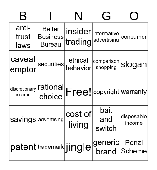 "Your Role as a Consumer" Bingo Card