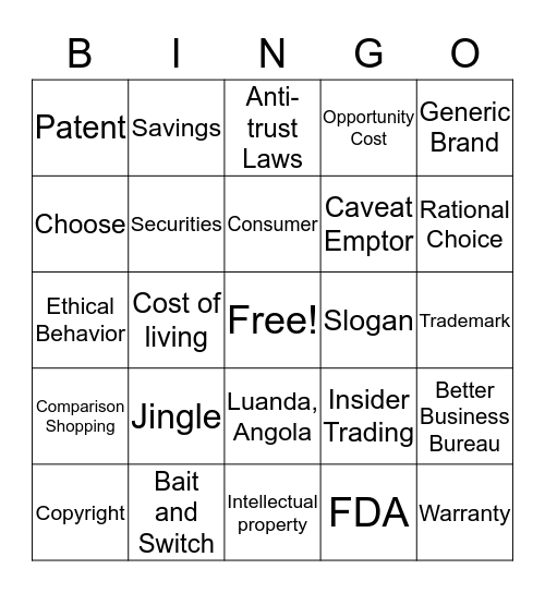 Econ Bingo Card