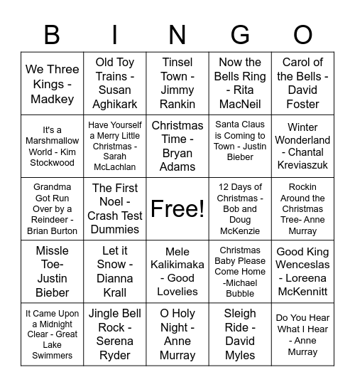 Canadian Holiday Classics SBO 2022 Bingo Card