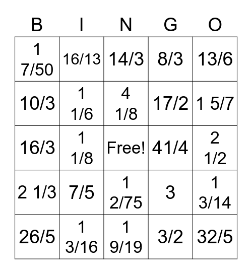 Improper Fractions/Mixed Numbers Bingo Card