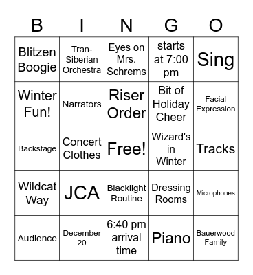 3rd Grade Concert Bingo Card