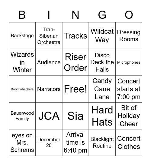 5th Grade Concert Bingo Card
