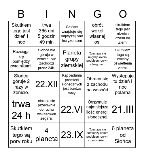 ruchy ziemi Bingo Card