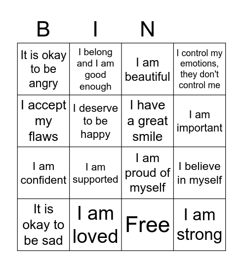 Positive Affirmations Bingo Card