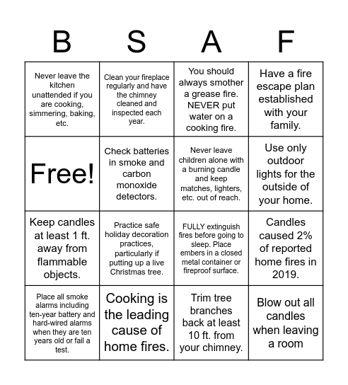 Holiday Safety Bingo! Bingo Card