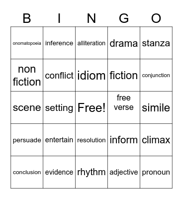 Language Arts Bingo Card