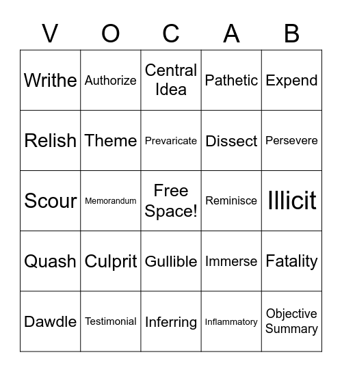 Vocabulary Bingo Card