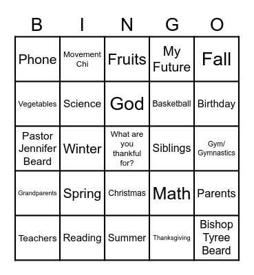 Thankful Grateful Bingo Card