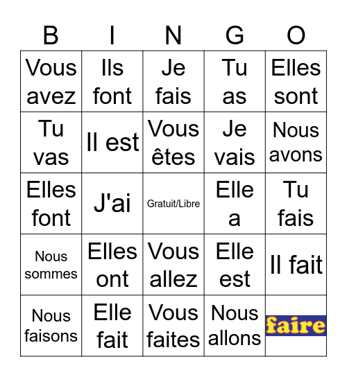 Les verbes simples Bingo Card