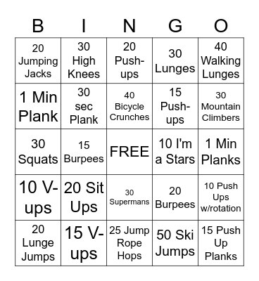 Fitness Bingo Card