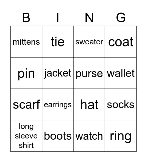 CLOTHES AND ACCESSORIES Bingo Card