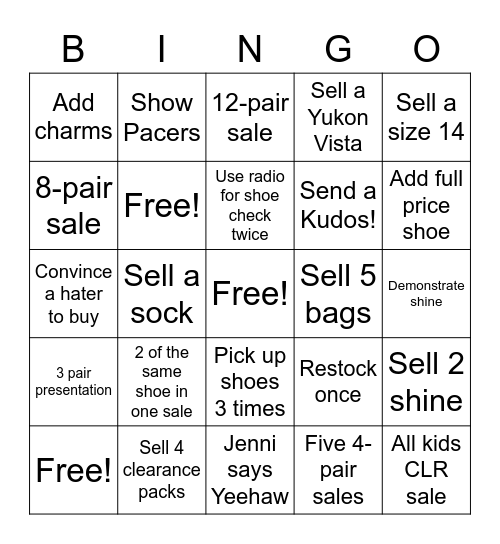 Clearance Bingo Card