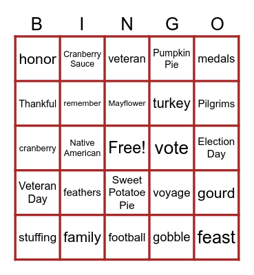 November Vocabulary Words Bingo Card
