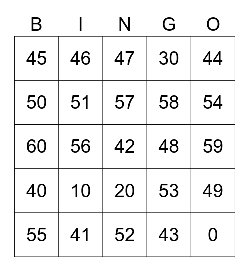 numbers Bingo Card