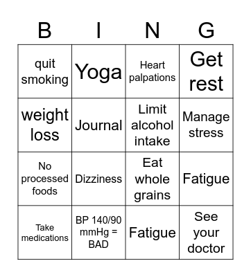 Hypertension Bingo Card