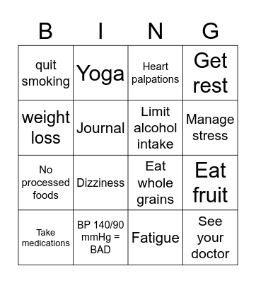 Hypertension Bingo Card