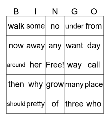 Grade 1 November Bingo Card