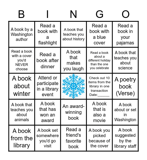 Winter Reading Program Bingo Card