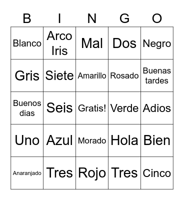 Los colores Bingo Card