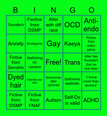 Fake Disorder Cringe Bingo Card