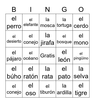 Animales 1B Bingo Card