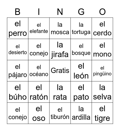 Animales 1B Bingo Card