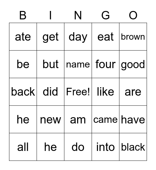 Sight word List B Bingo Card