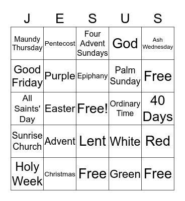 Liturgical Calendar Bingo Card