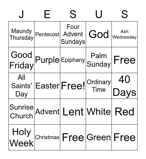 Liturgical Calendar Bingo Card