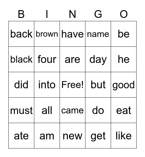 Sight Word List B Bingo Card