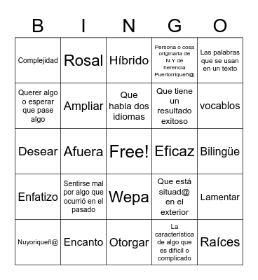 U18 Vocabulary Bingo Card