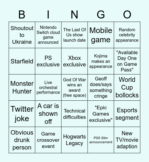 Game Awards 2022 Bingo Card