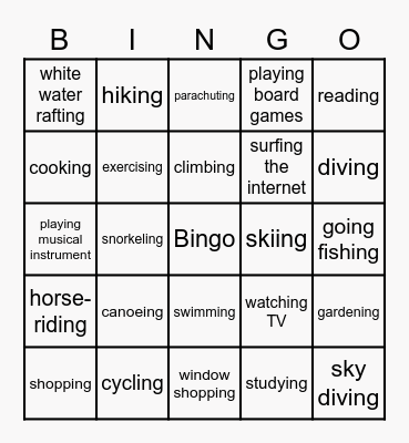 Leisure activities Bingo Card