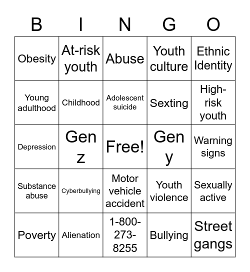 Youth Adult Culture Bingo Card