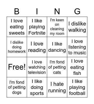 Likes and dislikes Bingo Card