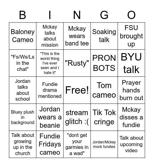 Jordan and Mckay Livestream bingo Card