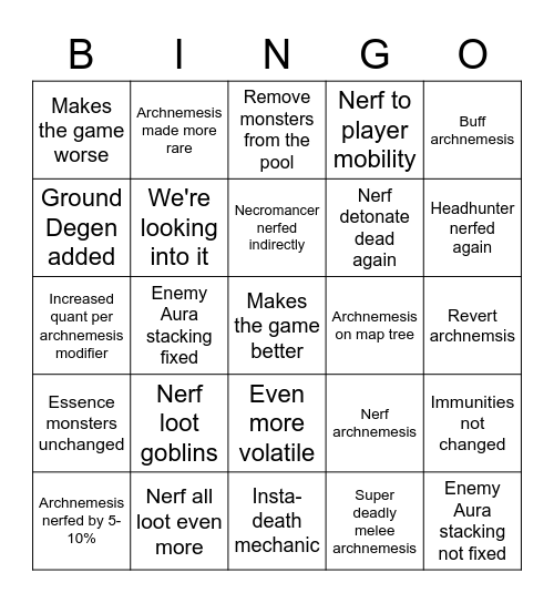 Archnemesis Bingo Card