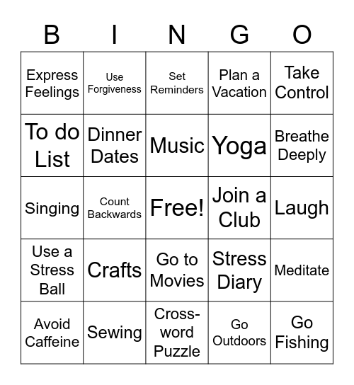 Positive Ways to Relieve Stress Bingo Card