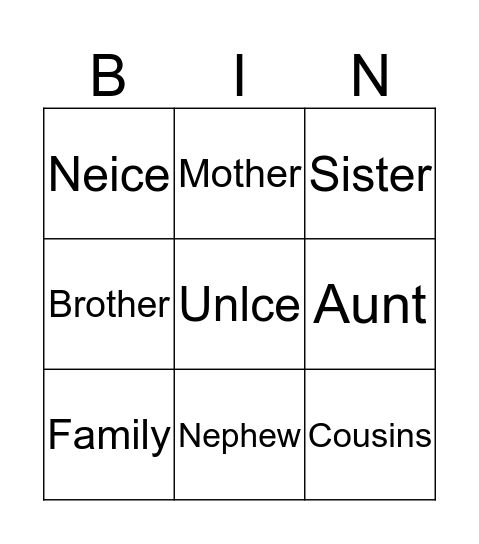 Family Bingo Card