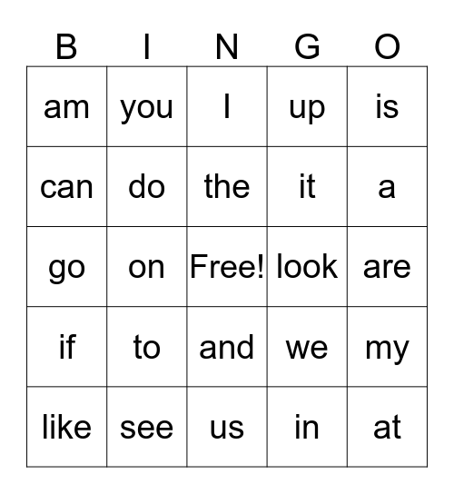 Sight words Sept/Oct/Nov Bingo Card