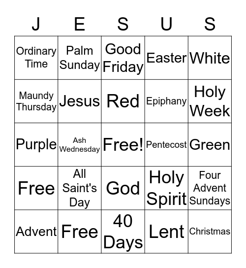 Liturgical Calendar Bingo Card